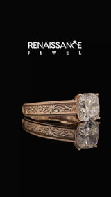Rose gold Cushion Cut Diamond Solitaire Ring with Engraved Band and Four-Prong Setting