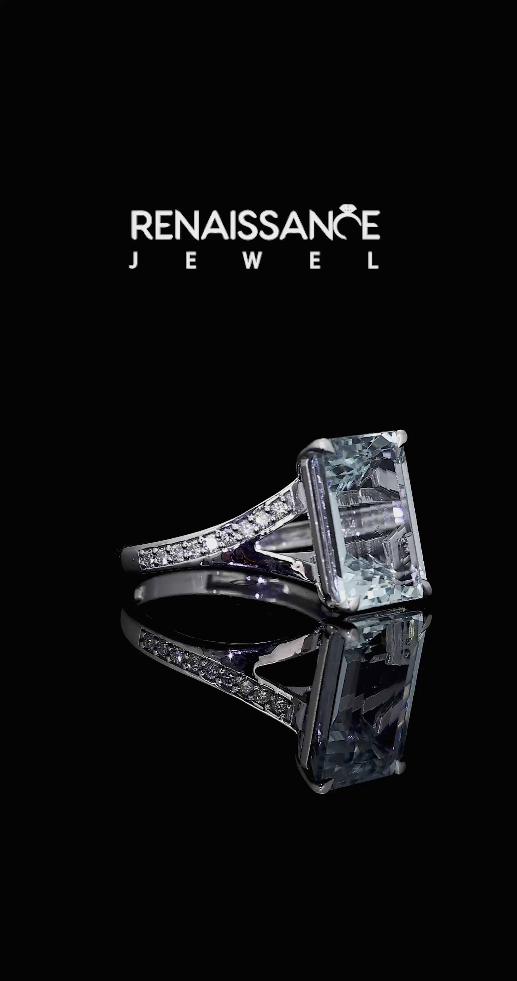 Silver Emerald Cut Aquamarine Solitaire Ring with Pavé Band and Prong Setting_12