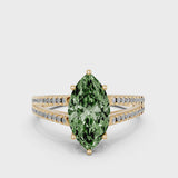 Yellow gold Fancy Green Marquise Cut Diamond Solitaire Engagement Ring with Split Shank Pavé Band