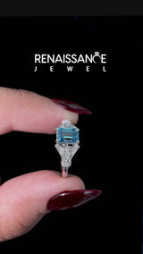 Silver Fancy Blue Emerald  Diamond Solitaire Ring with Floral Filigree and Pave Accents