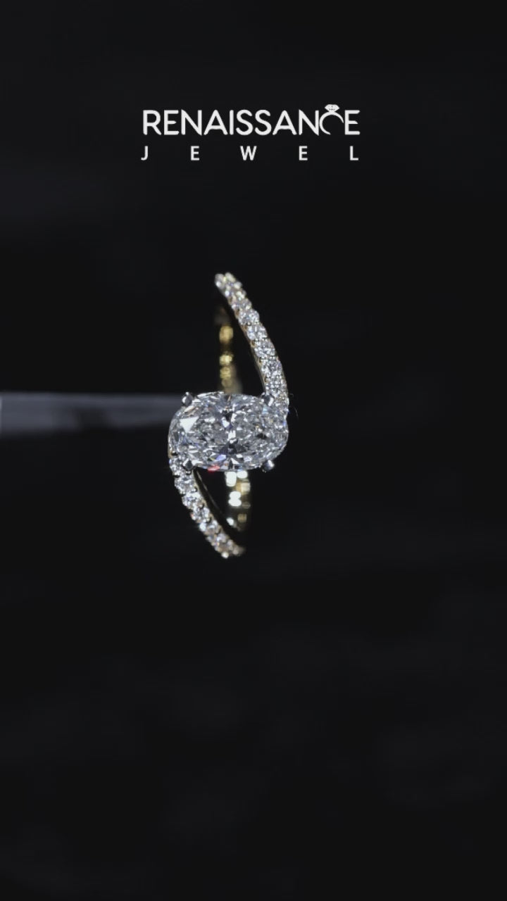 Yellow gold Oval Solitaire Twist Band with Pave Set Diamonds and Four-Prong Setting 6