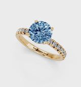 Yellow gold Fancy Blue Round  Solitaire Pave Diamond Engagement Ring with Four-Prong Setting