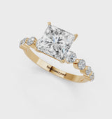 Yellow gold Princess Cut Solitaire Diamond Ring with Pave Band and Four-Prong Setting