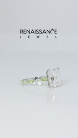 Silver Radiant Cut Diamond Ring with Marquise and Round with Peridot side stone Side Stones and Four-Prong Setting
