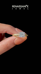 Yellow gold Cushion Solitaire Engagement Ring with Scrollwork Band and Four-Prong Setting