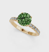 Yellow gold Fancy Green Round Cut Diamond Solitaire Pavé Band with Four-Prong Setting