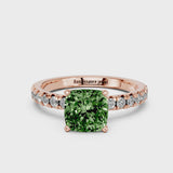 Rose gold Fancy Green Cushion  Solitaire Pave Diamond Engagement Ring with Four-Prong Setting