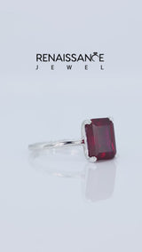 Silver Emerald Cut Ruby Solitaire Engagement Ring with Round Band and Four-Prong Setting