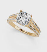 Yellow gold Cushion Cut Diamond Solitaire Engagement Ring with Split Shank Pavé Band