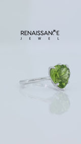 Silver Heart Cut Green Sapphire Solitaire Ring with Flower Prong Setting and Classic Band