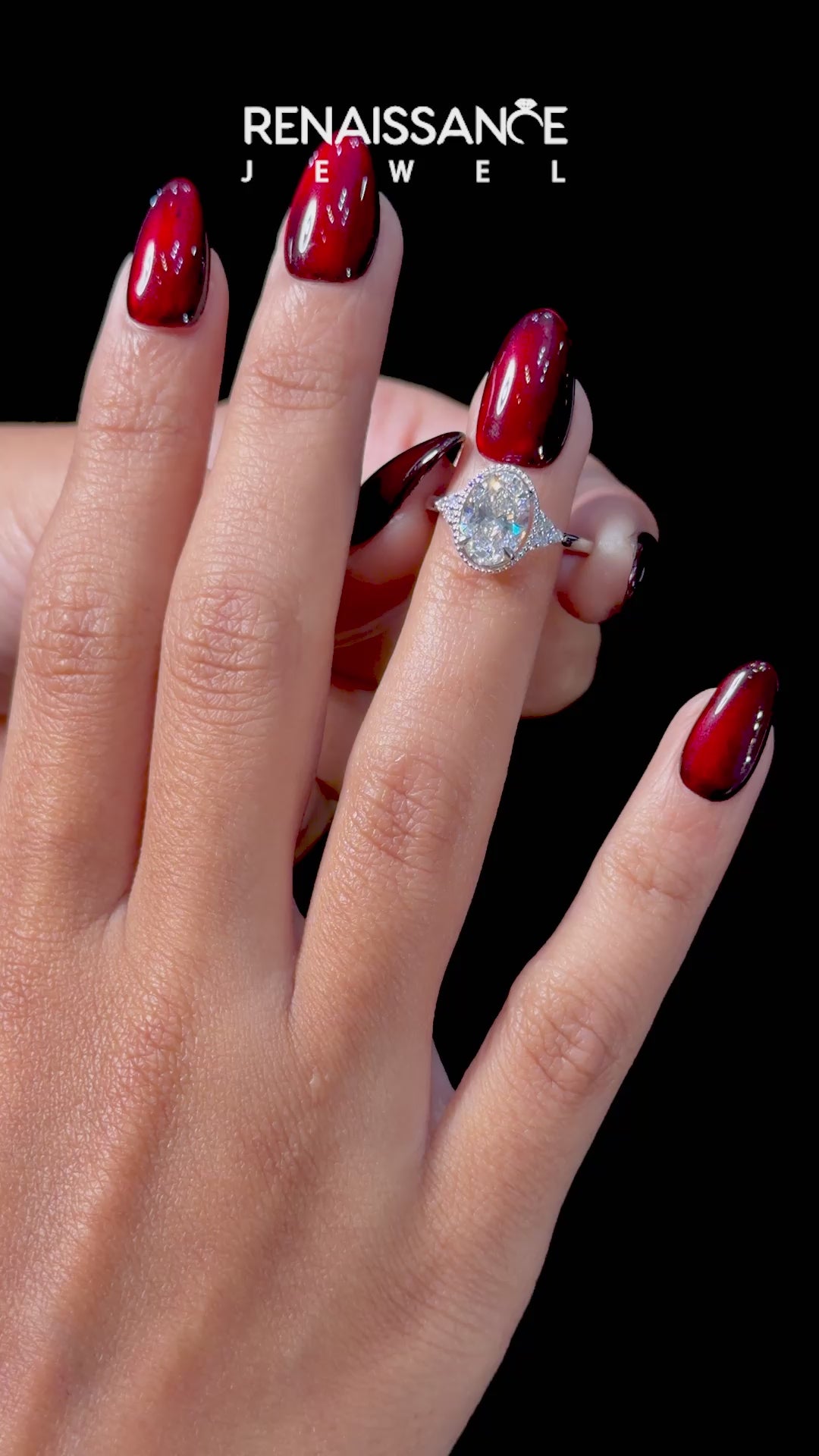 White gold Oval Halo Diamond Ring with Tapered Band and Four-Prong Setting_36