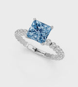 White gold Fancy Blue Princess Cut Diamond Solitaire Ring with Beaded Band and Prong Setting