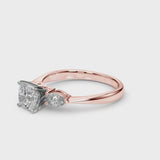 Rose gold Three-Stone Cushion Cut Diamond Ring with Pear Side Stones and Four-Prong Setting