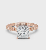 Rose gold Princess Cut Diamond Solitaire Ring with Beaded Band and Prong Setting