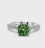 Platinum Fancy Green Cushion Cut Solitaire Diamond Ring with Pave Band and Four-Prong Setting