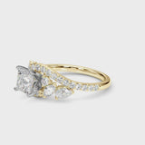 Yellow gold Princess Diamond Halo Ring with Marquise and Pavé Band in Prong Setting