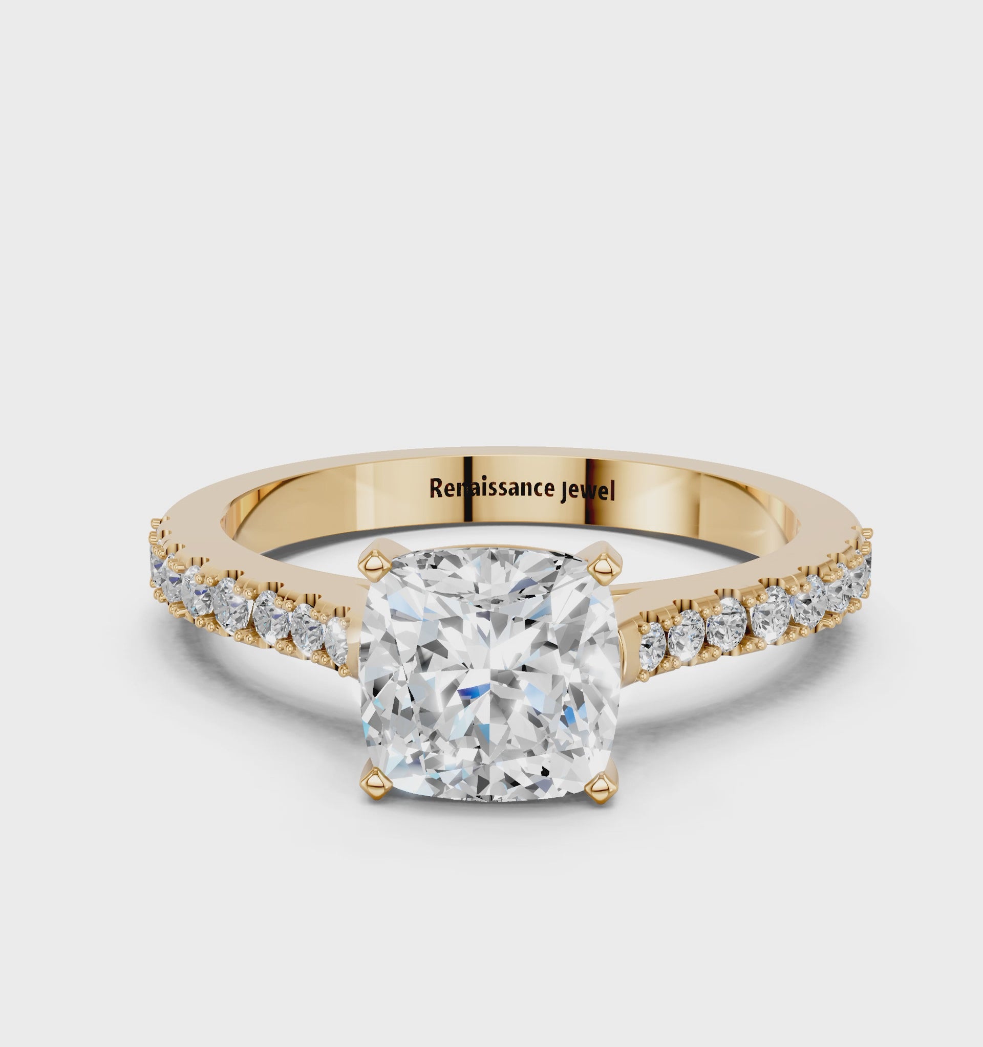 Yellow gold Cushion Cut Solitaire Diamond Engagement Ring with Pave Band and Four-Prong Setting_89
