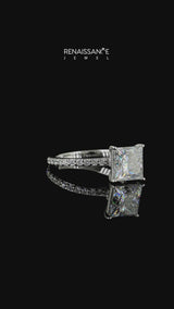Silver Princess Cut Moissanite Solitaire Engagement Ring with Pavé Band and Four-Prong Setting