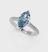 Silver Fancy Blue Marquise  Cut Solitaire Diamond Engagement Ring with Pave Band and Four-Prong Setting