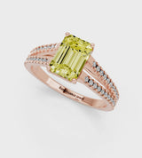 Rose gold Fancy Yellow Emerald Cut Diamond Solitaire Engagement Ring with Split Shank Pavé Band