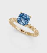 Yellow gold Fancy Blue Cushion Cut Diamond Solitaire Ring with Beaded Band and Prong Setting