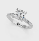 Platinum Princess Cut Solitaire Diamond Engagement Ring with Pave Band and Four-Prong Setting