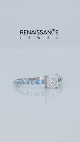 White gold Princess Cut Diamond Ring with Marquise and Round with Blue Topaz side stone Side Stones and Four-Prong Setting