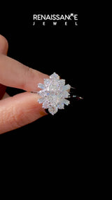 Platinum Oval Diamond Cluster Ring with Round and Baguette Stones, Split Shank Band, Prong Setting