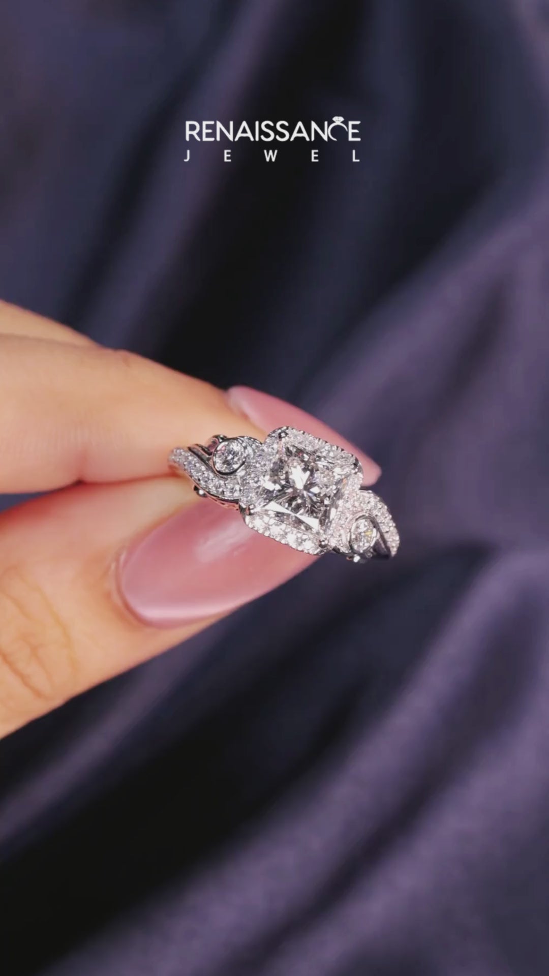 White gold Princess Cut Halo Diamond Ring with Milgrain Pave Band and Four-Prong Setting 6