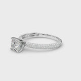 White gold Cushion Diamond Solitaire Ring with Prong Setting and Pavé Band