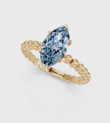 Yellow gold Fancy Blue Marquise Cut Diamond Solitaire Ring with Beaded Band and Prong Setting