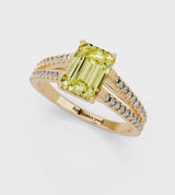 Yellow gold Fancy Yellow Emerald Cut Diamond Solitaire Engagement Ring with Split Shank Pavé Band