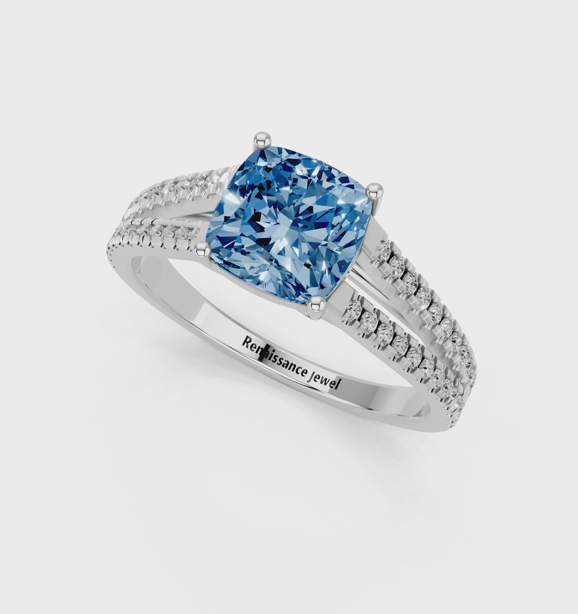 White gold Fancy Blue Cushion  Solitaire Split Shank Pavé Diamond Engagement Ring_275