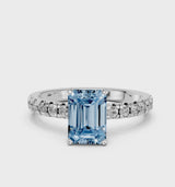 White gold Fancy Blue Emerald  Solitaire Pave Diamond Engagement Ring with Four-Prong Setting