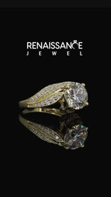 Yellow gold Round Diamond Solitaire Ring with Prong Setting and Twisted Pavé Band