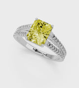White gold Fancy Yellow Radiant Cut Diamond Solitaire Engagement Ring with Split Shank Pavé Band