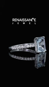 White gold Emerald Cut Aquamarine Solitaire Ring with Round  Pavé Band and Four-Prong Setting