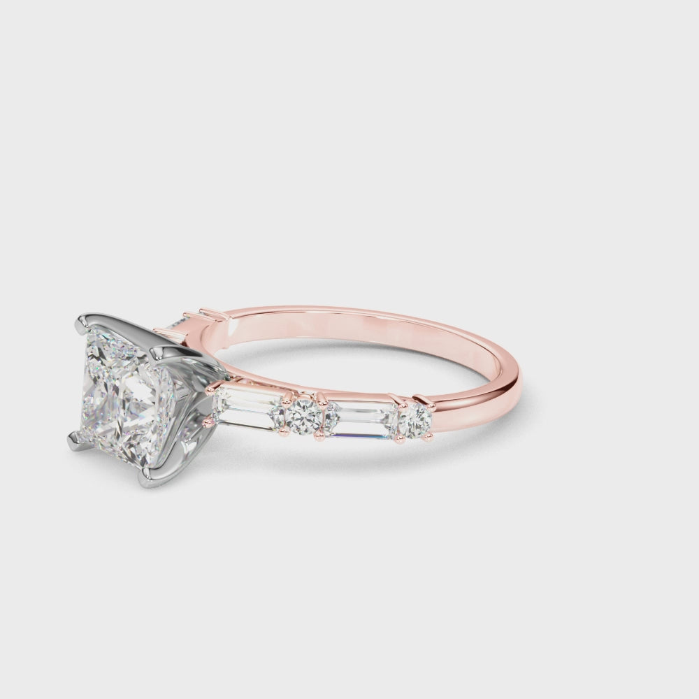 Rose gold Princess Solitaire with Side Baguettes and Channel Set Band 3