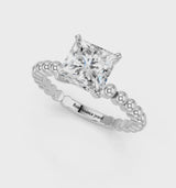 Platinum Princess Cut Diamond Solitaire Ring with Beaded Band and Prong Setting