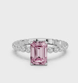 Silver Fancy Pink Emerald Cut Diamond Solitaire Ring with Beaded Band and Prong Setting