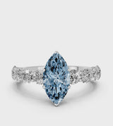 Silver Fancy Blue Marquise Cut Diamond Prong Setting with Side Stones on a Pave Band