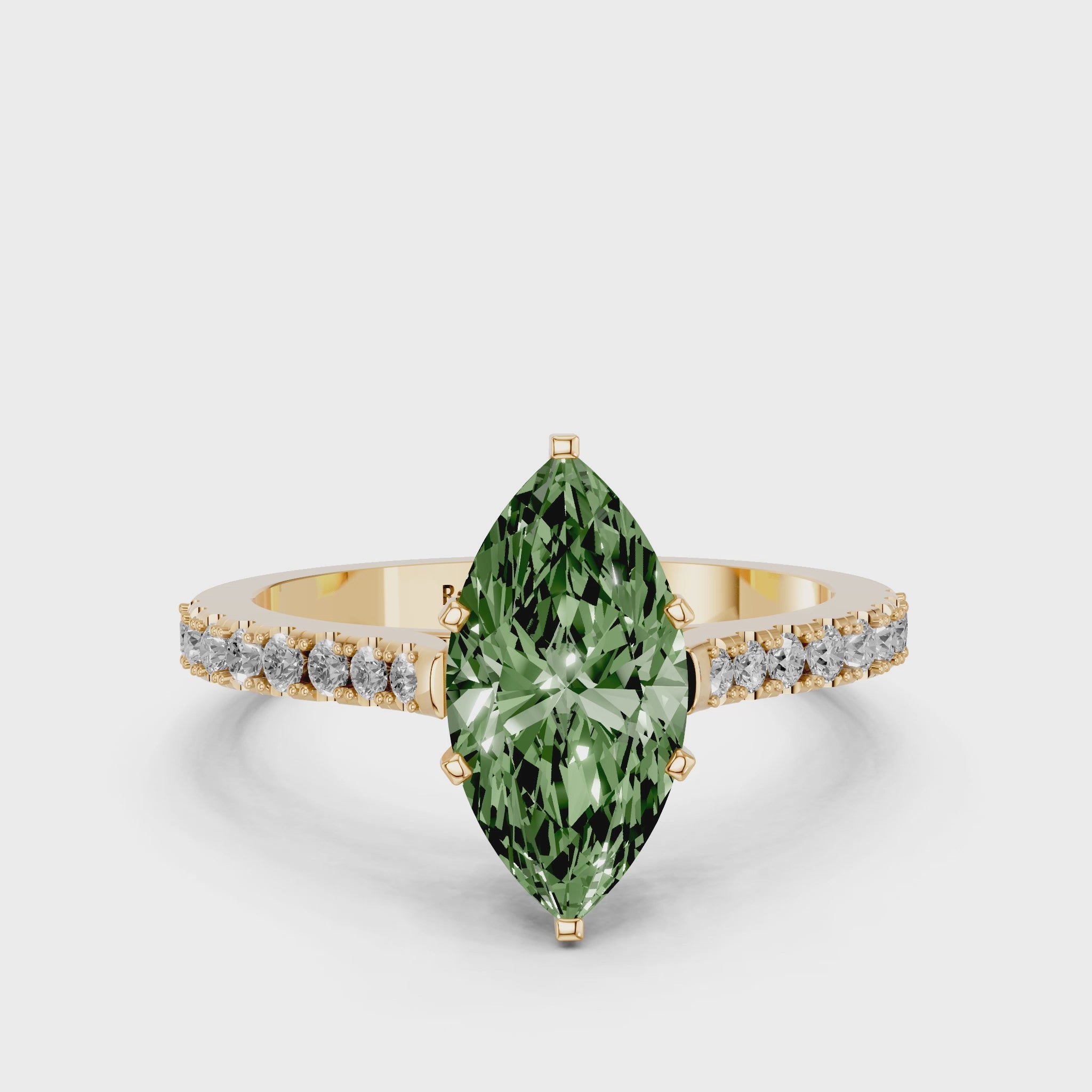Yellow gold Fancy Green Marquise  Cut Solitaire Diamond Engagement Ring with Pave Band and Four-Prong Setting_90