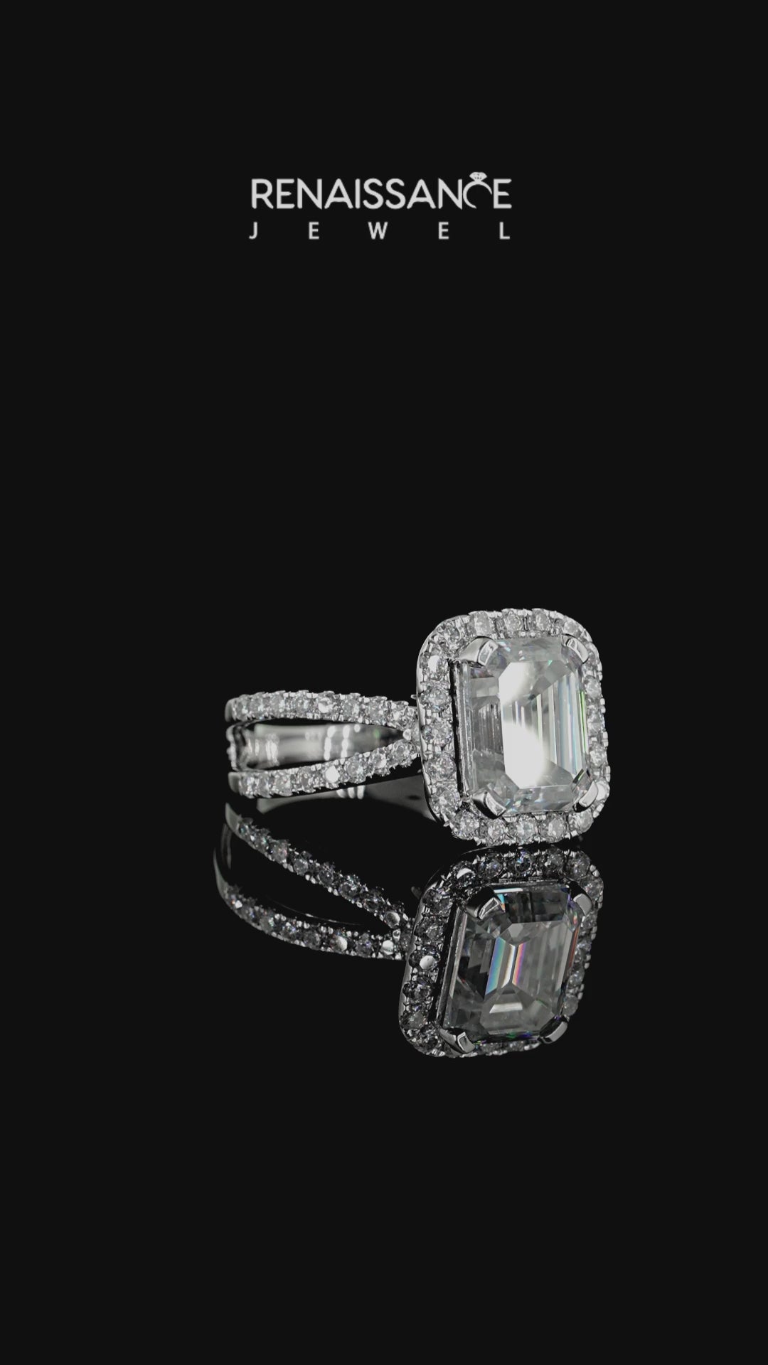 Silver Emerald Cut Moissanite Halo Ring with Split Shank Pavé Band and Prong Setting_12