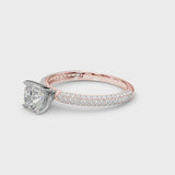 Rose gold Cushion Diamond Solitaire Ring with Prong Setting and Pavé Band