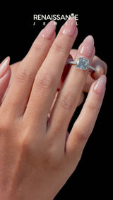 White gold Cushion Solitaire Diamond Engagement Ring with Pave Band and Six-Prong Setting