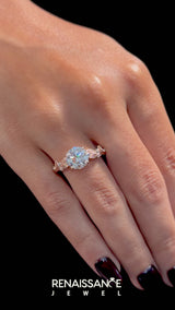 Rose gold Emerald Cut Diamond Solitaire Ring with Leaf Motif Band and Four-Prong Setting