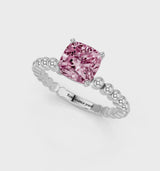 Platinum Fancy Pink Cushion Cut Diamond Solitaire Ring with Beaded Band and Prong Setting
