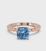 Rose gold Fancy Blue Cushion Cut Diamond Solitaire Ring with Beaded Band and Prong Setting