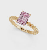 Yellow gold Fancy Pink Emerald Cut Diamond Solitaire Ring with Beaded Band and Prong Setting