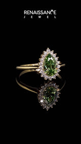 Yellow gold Prong-Set Pear-Cut Emerald with Diamond Halo and White Gold Band